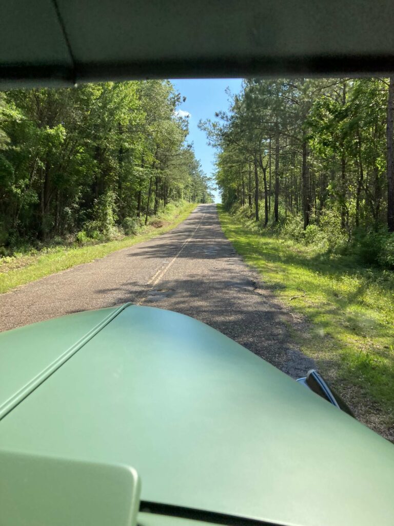 Ron Corder Customs A green car driving down a road in the woods.